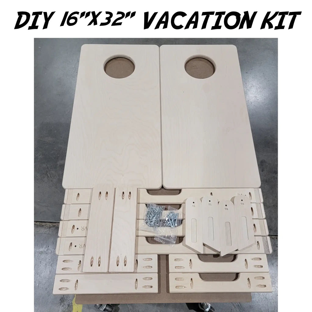 DIY vacation 16"x32" cornhole kits, showcasing all components needed to assemble your own cornhole boards set including wooden boards, frame pieces and hardware.