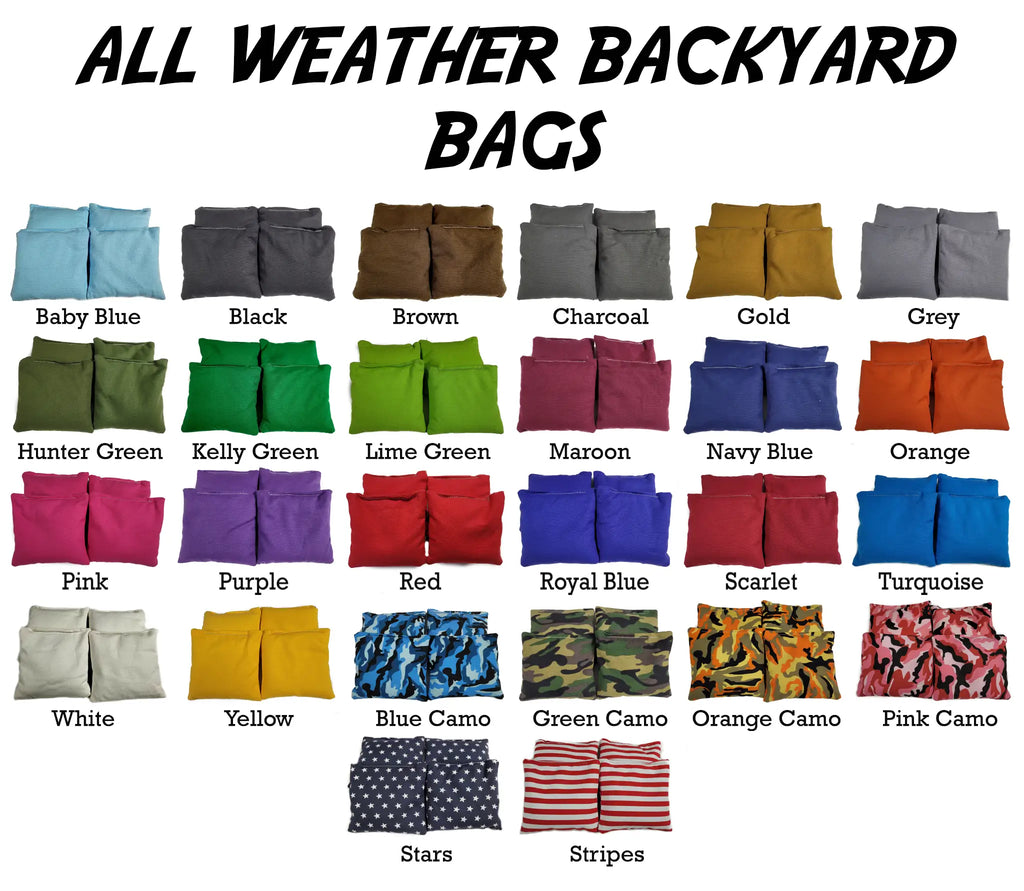 Assortment of Oak City Cornhole's all-weather backyard bags in various colors and camo designs, designed for durability and performance in any weather conditions.