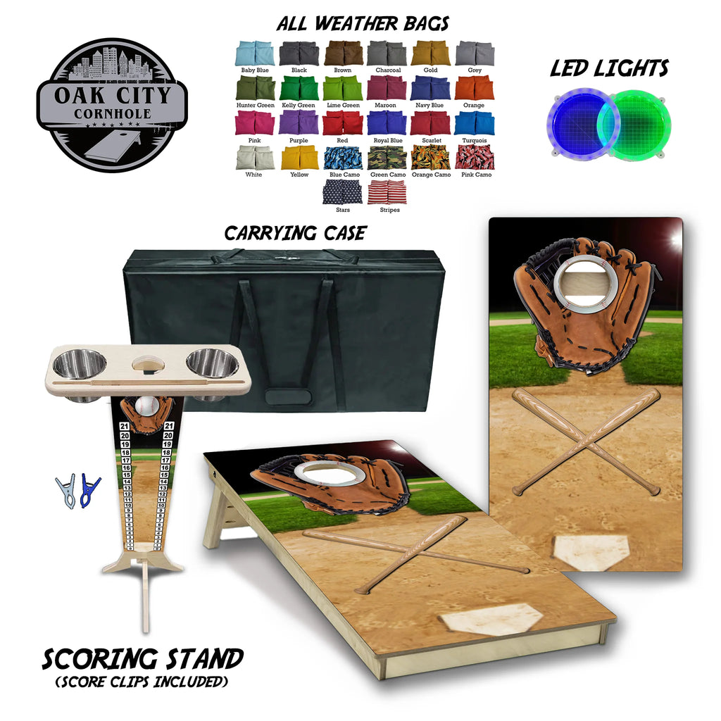 Grand Slam Baseball Cornhole Boards by Oak City Cornhole, featuring a detailed image of a baseball field, glove, and bat on handcrafted 2x4 regulation boards made from high-quality 18mm Baltic birch plywood, offering a smooth playing surface and customizable options for competitive gameplay.