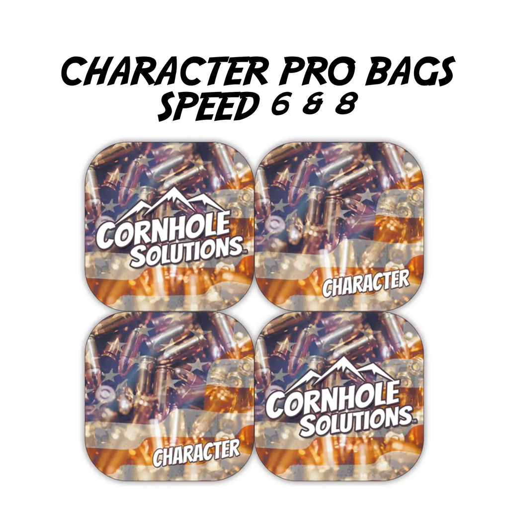 Character pro cornhole bags from Oak City Cornhole, featuring dual speed sides for versatile play. Highly regarded by pros, these 16oz bags are filled with clean, consistent resin pellets, perfect for precision throws, smooth slides, and advanced techniques.