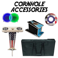 Collection of cornhole accessories including bags, scoreboards, drink holders, and carrying cases, displayed together to showcase variety and enhance the cornhole playing experience.