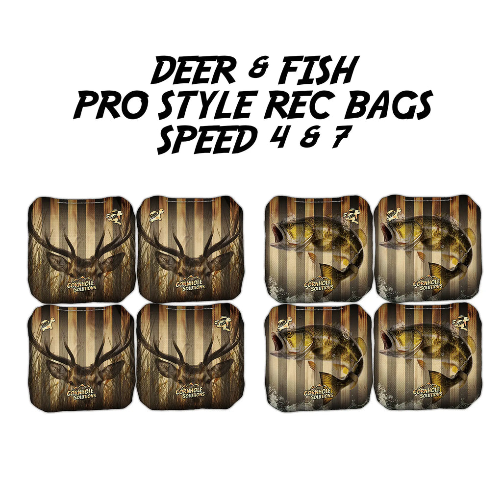 Set of 8 Pro Style Rec Cornhole Bags from Oak City Cornhole, featuring Deer & Fish Flag designs. Each bag has dual speed sides for versatile play, with a slow side (Speed 4) and a slick side (Speed 7). High-quality, weather-resistant bags perfect for all skill levels and outdoor-themed cornhole games.