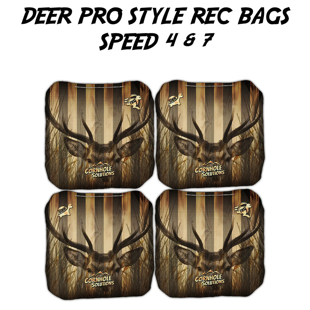 Deer flag design Pro Style Rec Cornhole Bags from Oak City Cornhole, featuring vibrant, detailed deer and flag imagery on dual-sided bags, ideal for both recreational and competitive play.