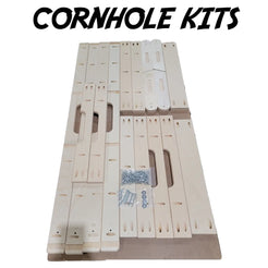 DIY cornhole kits, showcasing all components needed to assemble your own cornhole boards set including wooden boards, frame pieces and hardware.