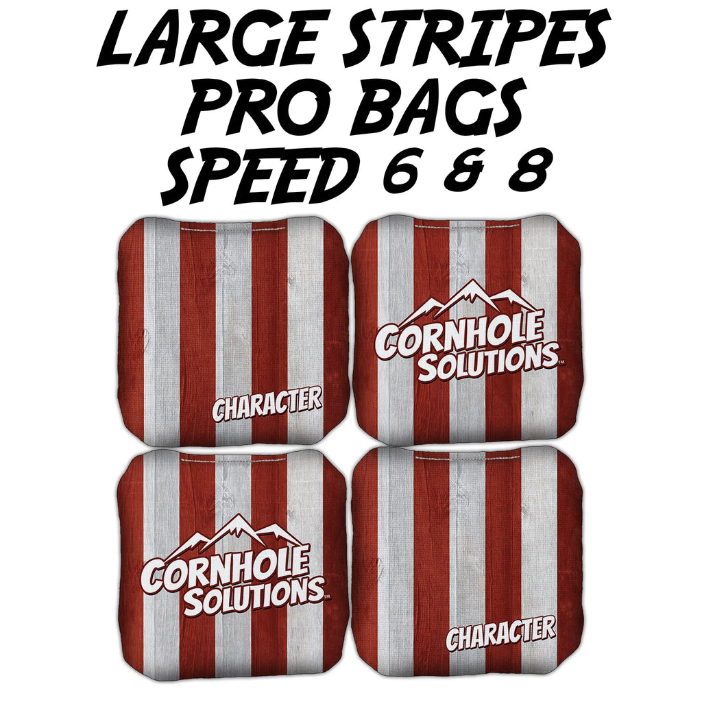 Large Stripes Character pro cornhole bags from Oak City Cornhole, featuring dual speed sides for versatile play. Highly regarded by pros, these 16oz bags are filled with clean, consistent resin pellets, perfect for precision throws, smooth slides, and advanced techniques.