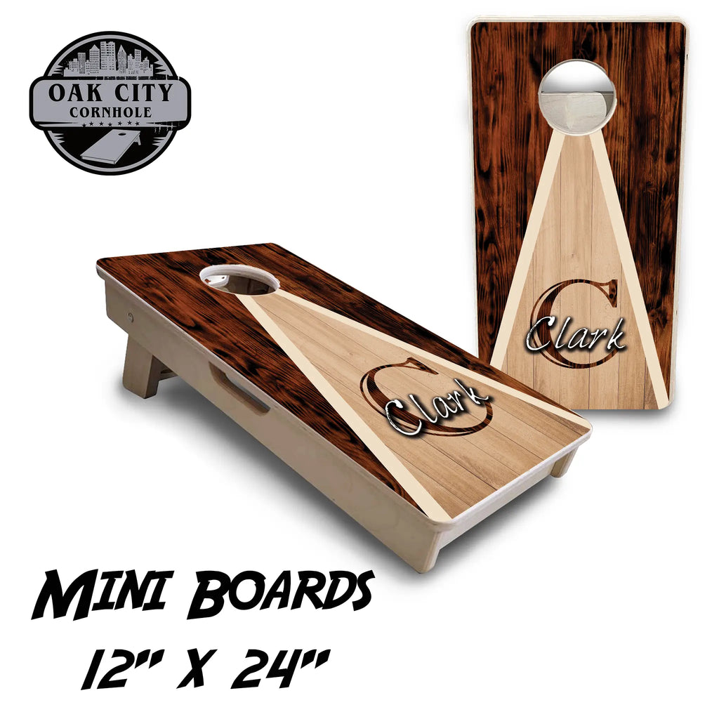 Premium handcrafted 24x48 cornhole boards with a wood burned letter design from Oak City Cornhole, showcasing exceptional craftsmanship and a smooth playing surface