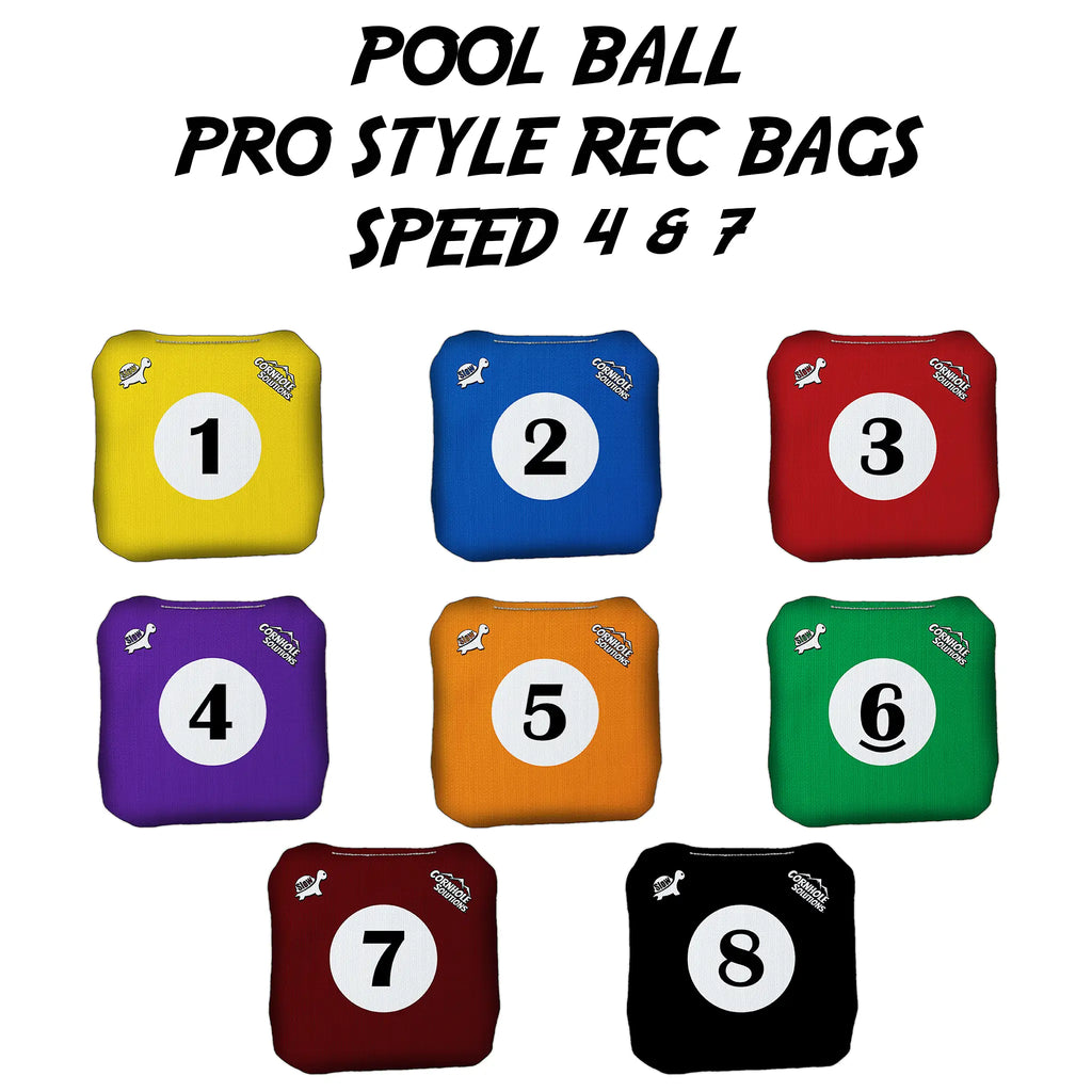 Set of Pro Style Rec Cornhole Bags with pool ball designs, featuring dual-sided fabrics for Speed 4 and Speed 7 play. High-quality, weather-resistant bags perfect for recreational and competitive games, displayed on a clean background.