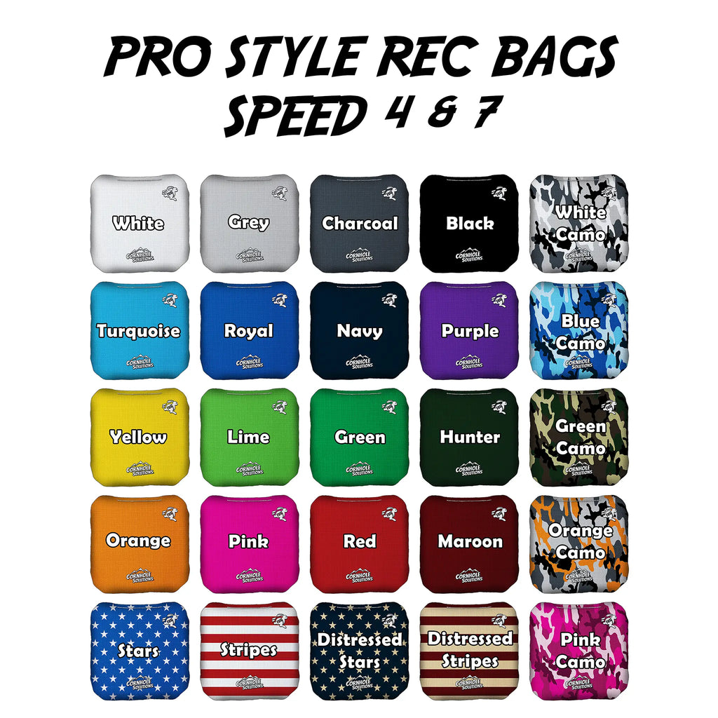 Variety of Pro Style Rec Bags from Oak City Cornhole in multiple colors and camo designs, displayed to showcase the high-quality, dual-sided bags perfect for competitive and recreational play.