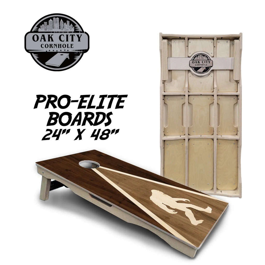 Bigfoot Adventure Cornhole Boards by Oak City Cornhole featuring a striking silhouette of Bigfoot on a beautifully crafted wood design. Premium handcrafted 24"x48" regulation boards made from high-quality Baltic birch plywood, perfect for cornhole enthusiasts and serious players.