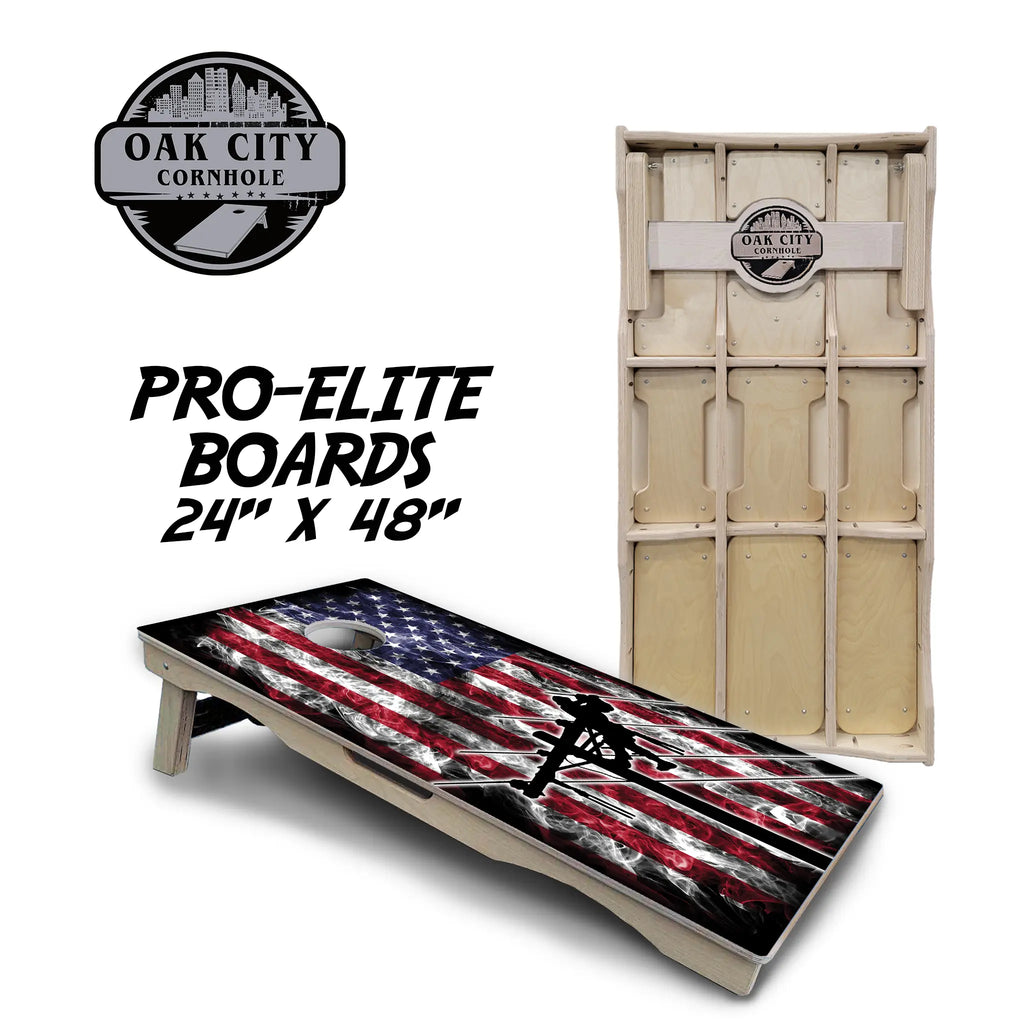 Electrifying America Lineman Cornhole Boards from Oak City Cornhole