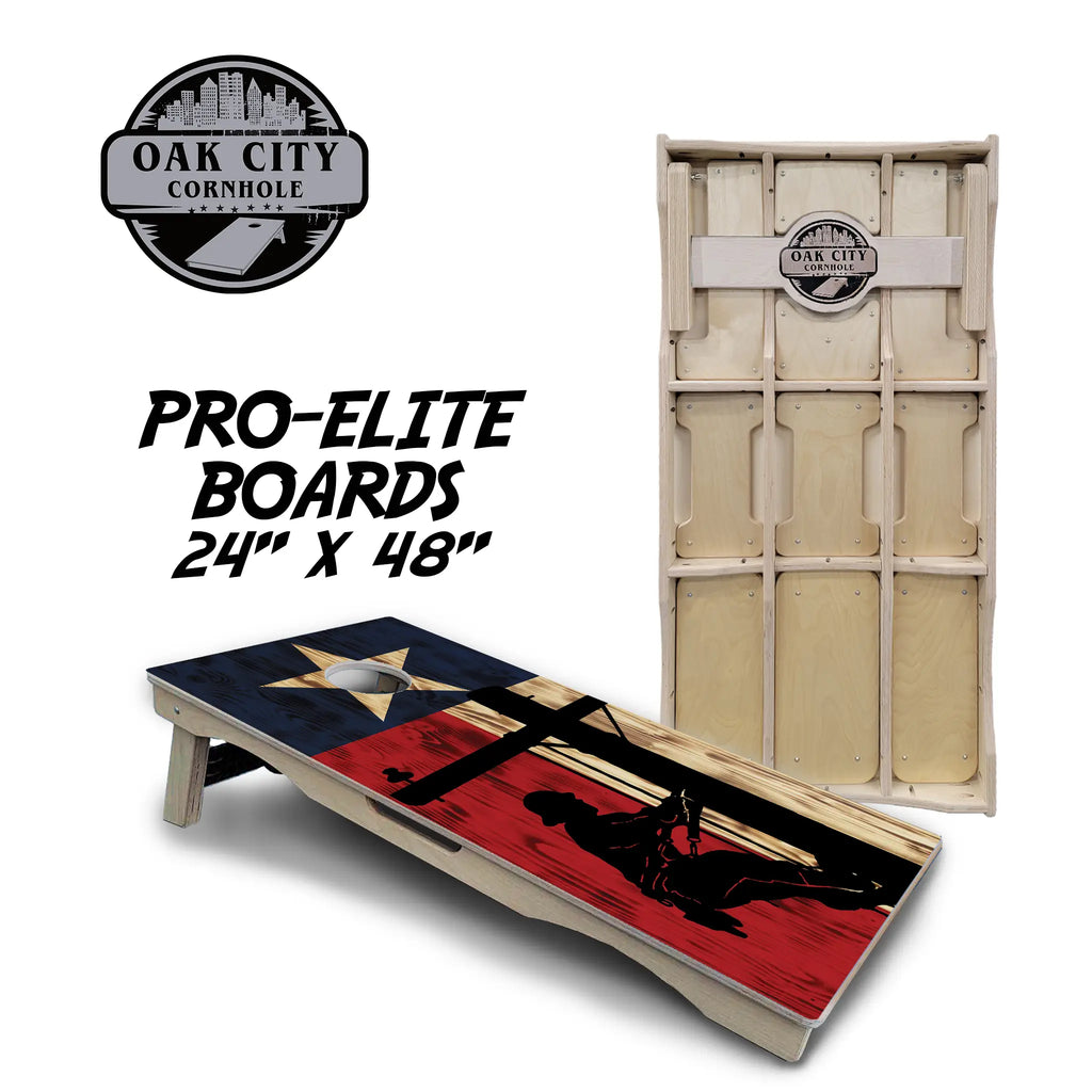 Lone Star Legends Texas Lineman Cornhole Boards from Oak City Cornhole, showcasing detailed Texas lineman artwork on a high-quality cornhole board.