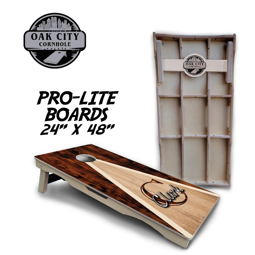 Premium handcrafted 24x48 cornhole boards with a wood burned letter design from Oak City Cornhole, showcasing exceptional craftsmanship and a smooth playing surface