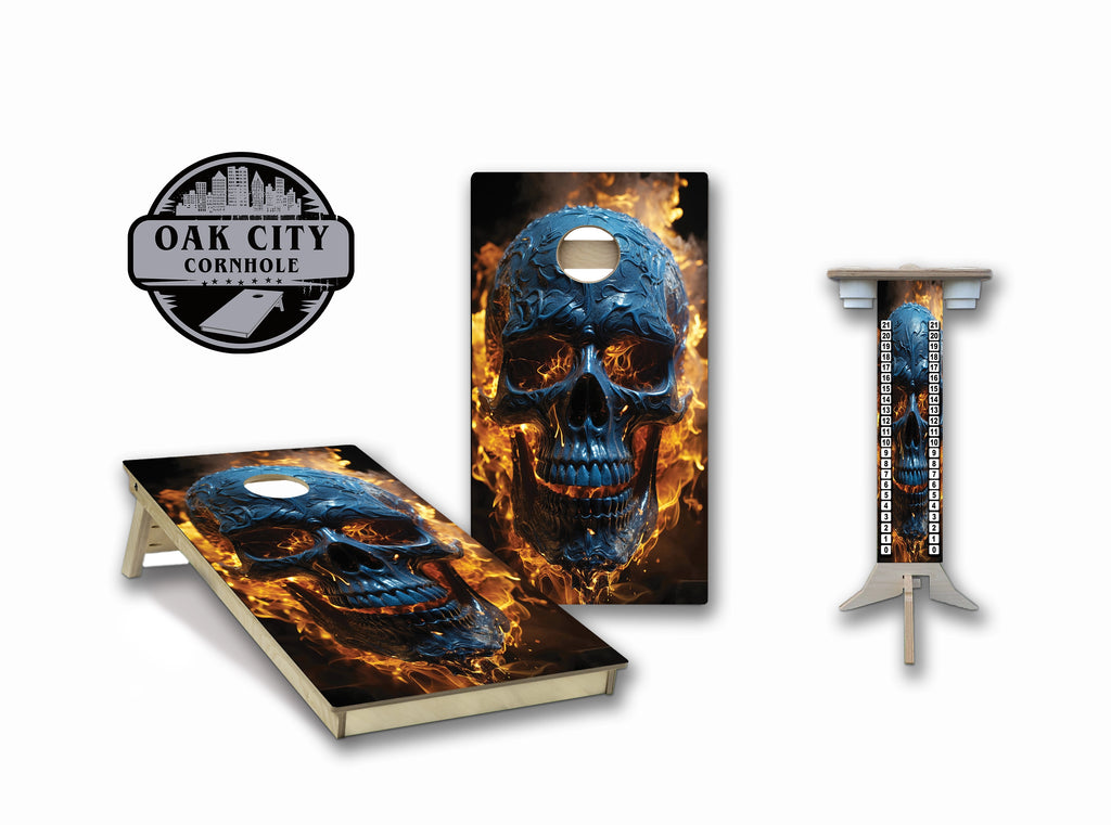 Custom regulation cornhole boards with a skull on fire and flames design.