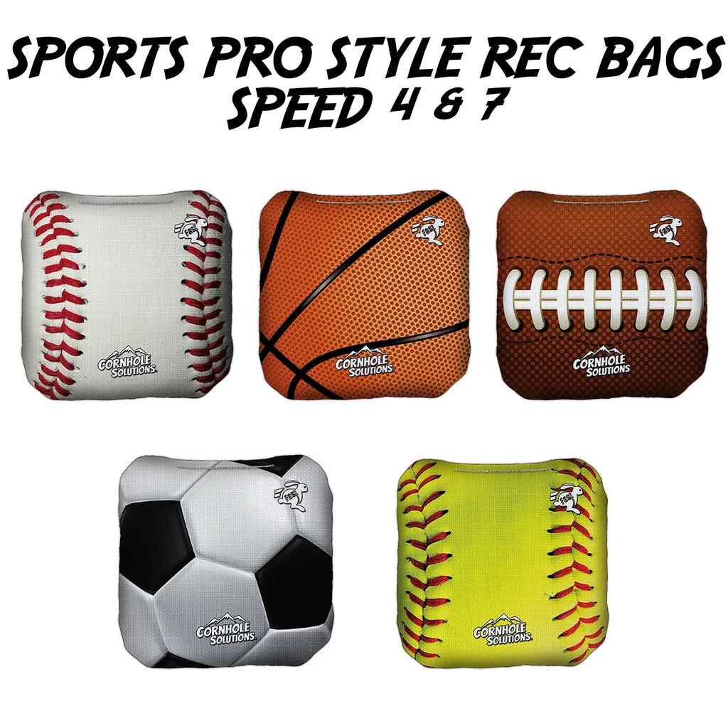 Sport-themed Pro Style Rec Cornhole Bags from Oak City Cornhole, featuring high-quality design with dual-sided speeds for precision and control, displayed in a variety of colors and patterns.