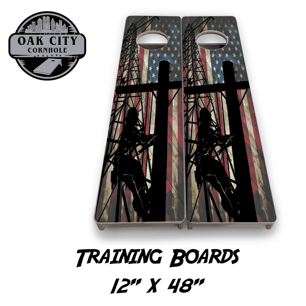 American Lineman Cornhole Boards by Oak City Cornhole, featuring high-quality Baltic birch plywood with a professional UV coating and a stunning high-resolution image. Perfect for competitive gameplay and backyard gatherings.