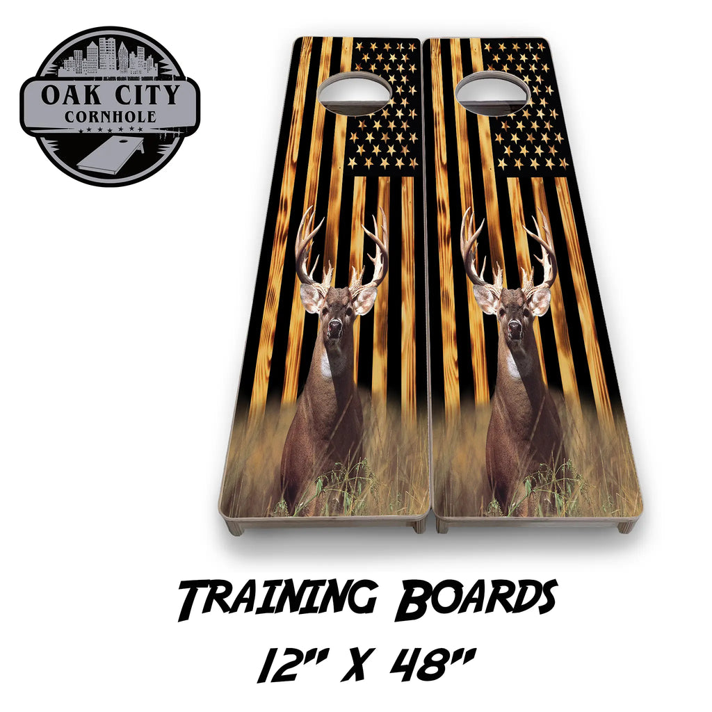 Premium handcrafted American Wilderness Deer Cornhole Boards from Oak City Cornhole, featuring a unique deer design in a wilderness setting. Ideal for backyard gatherings, tailgates, and competitive play.