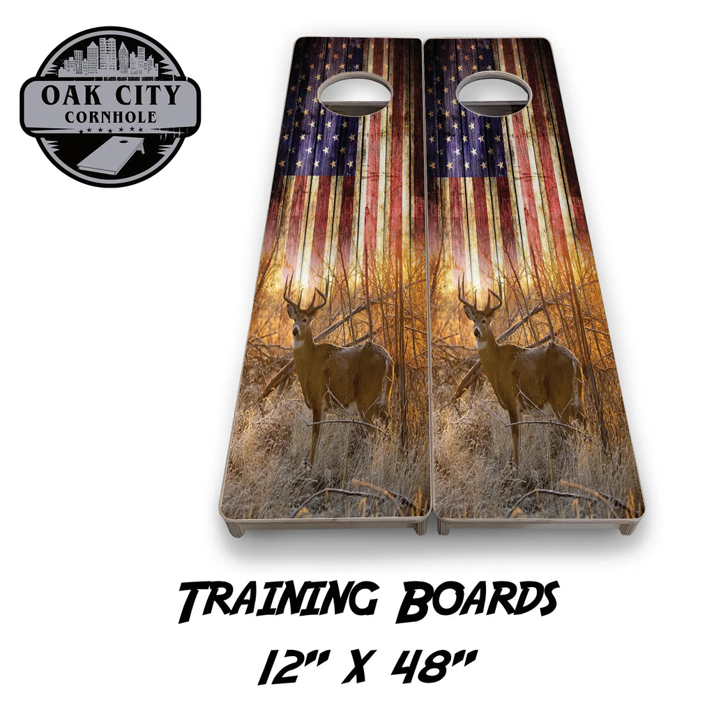 American Wilderness Deer Flag Cornhole Boards from Oak City Cornhole