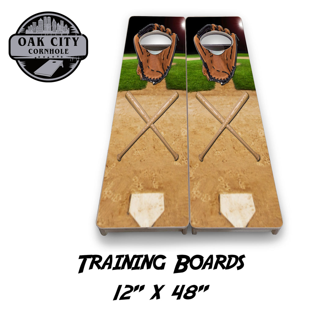 Grand Slam Baseball Cornhole Boards by Oak City Cornhole, featuring a detailed image of a baseball field, glove, and bat on handcrafted 2x4 regulation boards made from high-quality 18mm Baltic birch plywood, offering a smooth playing surface and customizable options for competitive gameplay.