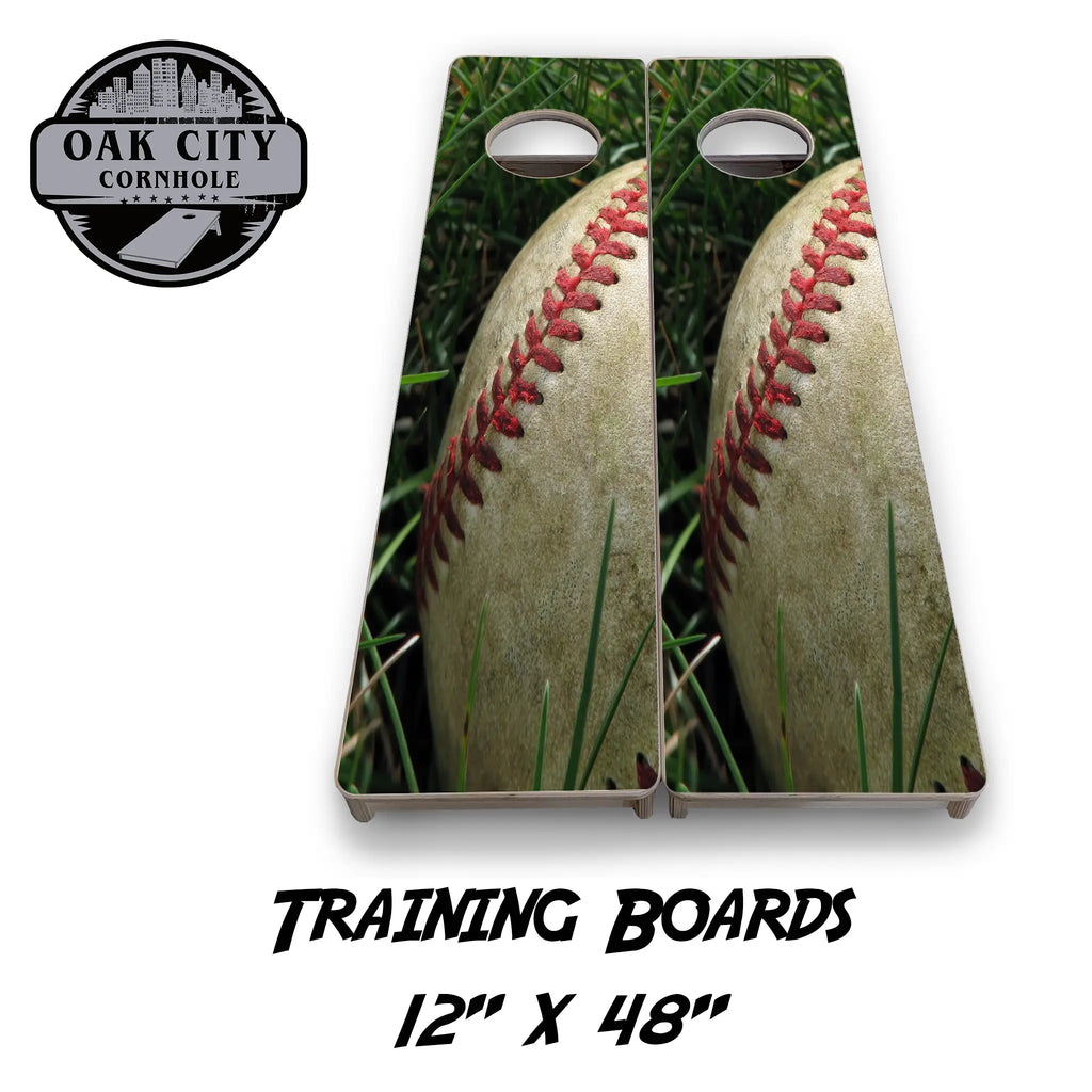 Classic Baseball Cornhole Boards from Oak City Cornhole, featuring a vibrant baseball-themed design.