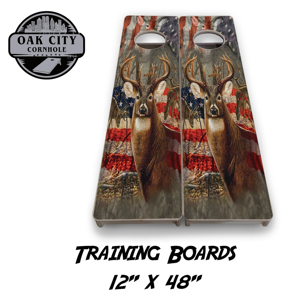 American Hunter: Deer and Flag Cornhole Boards – Tournament Design - Premium Handcrafted 24x48 Set - Oak City Cornhole featuring a detailed image of a deer with an American flag background, embodying a hunting theme on a 24x48 cornhole board set.