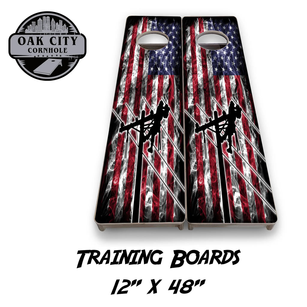 Electrifying America Lineman Cornhole Boards from Oak City Cornhole