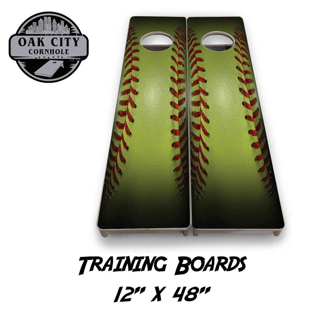 Premium handcrafted 24x48 cornhole boards featuring a vibrant Game Day Softball design, perfect for tournaments and backyard gatherings. Meticulously crafted by Oak City Cornhole.