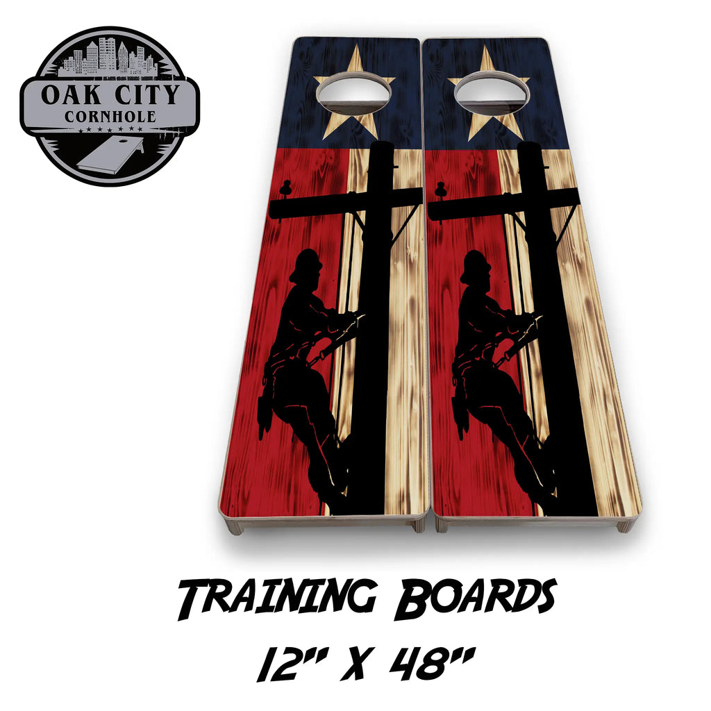 Lone Star Legends Texas Lineman Cornhole Boards from Oak City Cornhole, showcasing detailed Texas lineman artwork on a high-quality cornhole board.