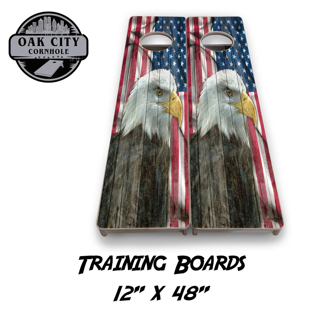 Majestic Eagle American Flag Cornhole Boards by Oak City Cornhole, featuring a high-resolution image of an eagle and American flag on durable Baltic birch plywood with a UV clear coating. Perfect for competitive gameplay.