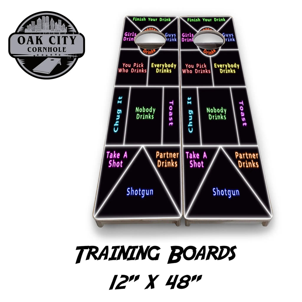 Neon Party Drinking Game Cornhole Boards from Oak City Cornhole