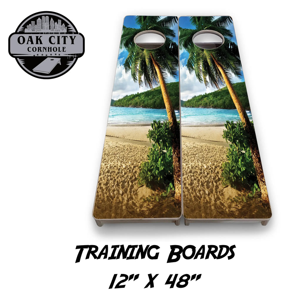 Premium handcrafted Palm Tree Paradise Cornhole Boards from Oak City Cornhole, featuring a tropical palm tree design. Ideal for backyard gatherings, tailgates, and competitive play.