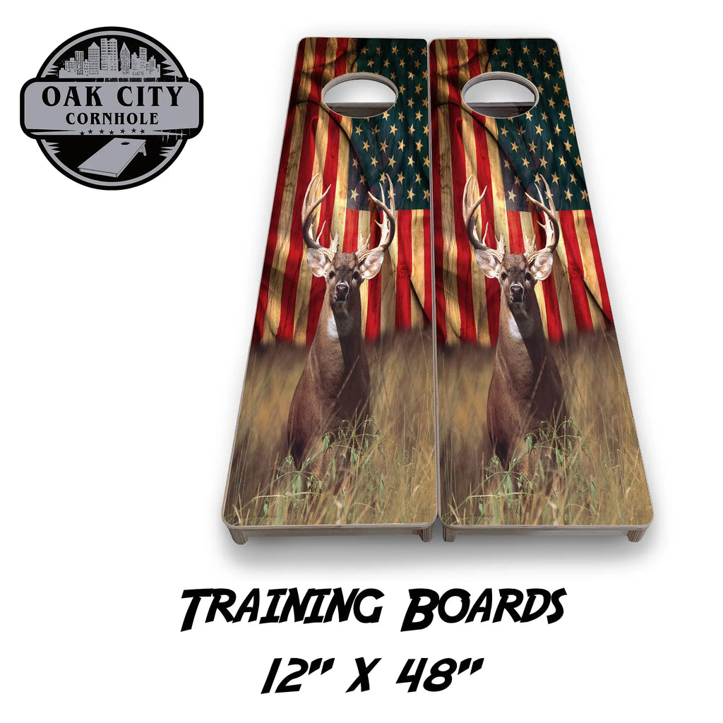 Patriot’s Prairie American Flag Deer Cornhole Boards from Oak City Cornhole