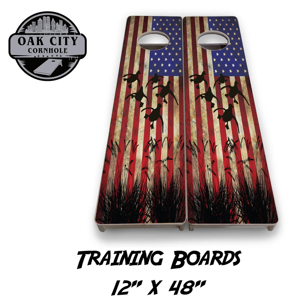 Patriotic Duck Hunter Cornhole Boards – Tournament Design - Premium Handcrafted 24x48 Set from Oak City Cornhole, featuring a vibrant duck hunting scene with American flag accents.