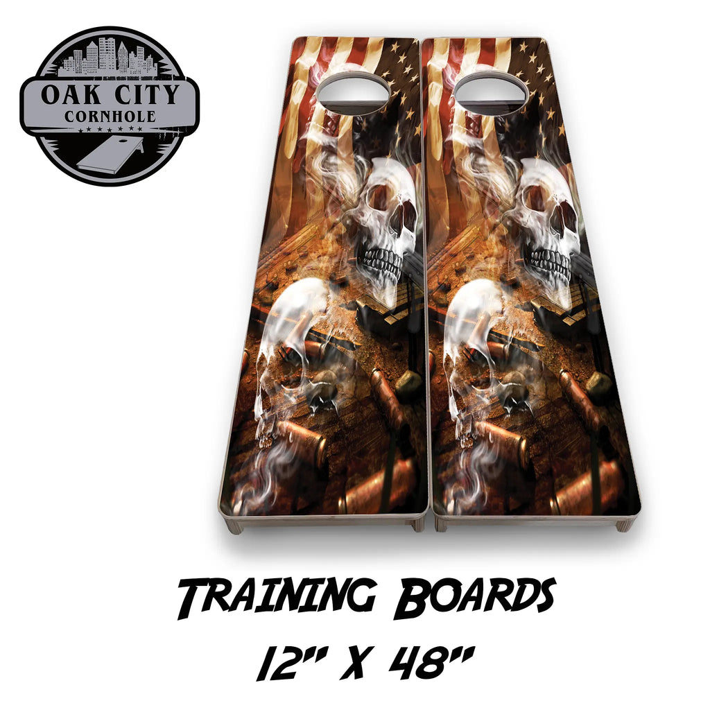 Patriotic Skulls and Bullets Cornhole Boards – Tournament Design - Premium Handcrafted 24”x48” Set - Oak City Cornhole