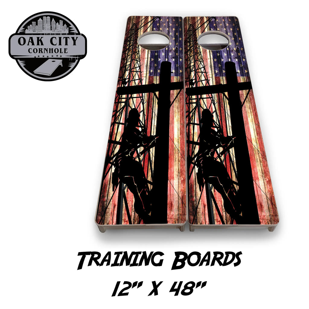 Powering America Lineman Cornhole Boards by Oak City Cornhole, featuring a high-resolution image, crafted from 18mm Baltic birch plywood with a durable UV clear coating. Ideal for backyard gatherings and competitive gameplay.