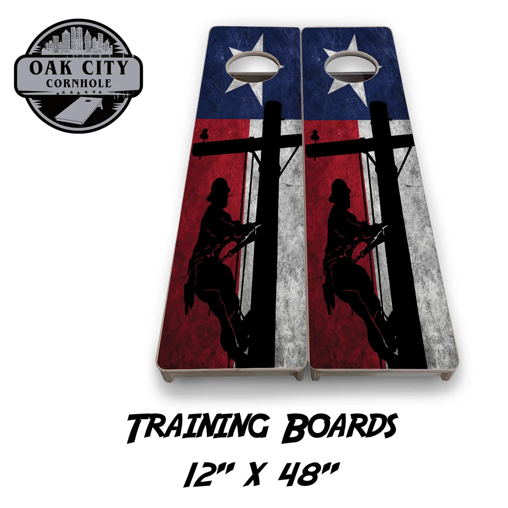 Rodeo & Powerlines Texas Lineman Cornhole Boards from Oak City Cornhole, showcasing a high-resolution image of a Texas lineman in a rodeo setting.