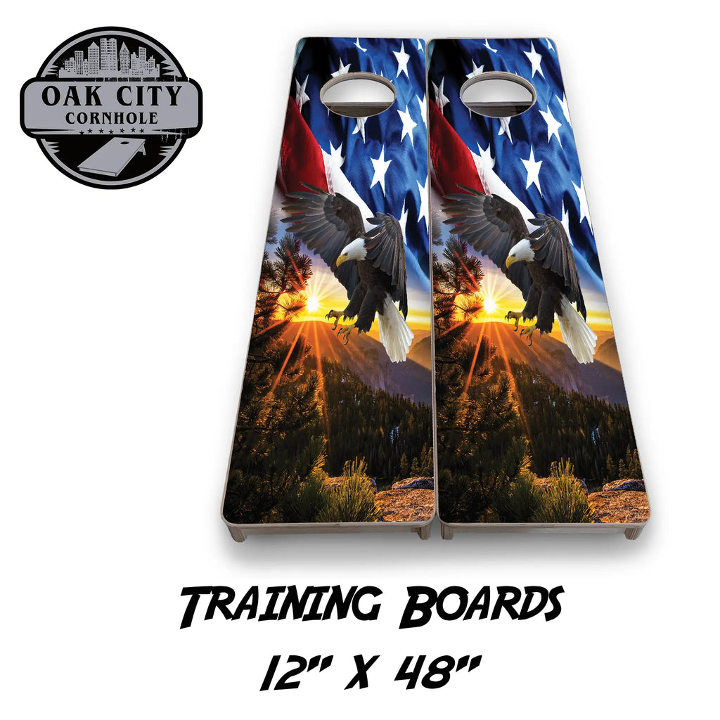 Stars, Stripes and Soaring Eagle Cornhole Boards from Oak City Cornhole. Featuring a patriotic design with a soaring eagle and American flag elements, perfect for cornhole enthusiasts.