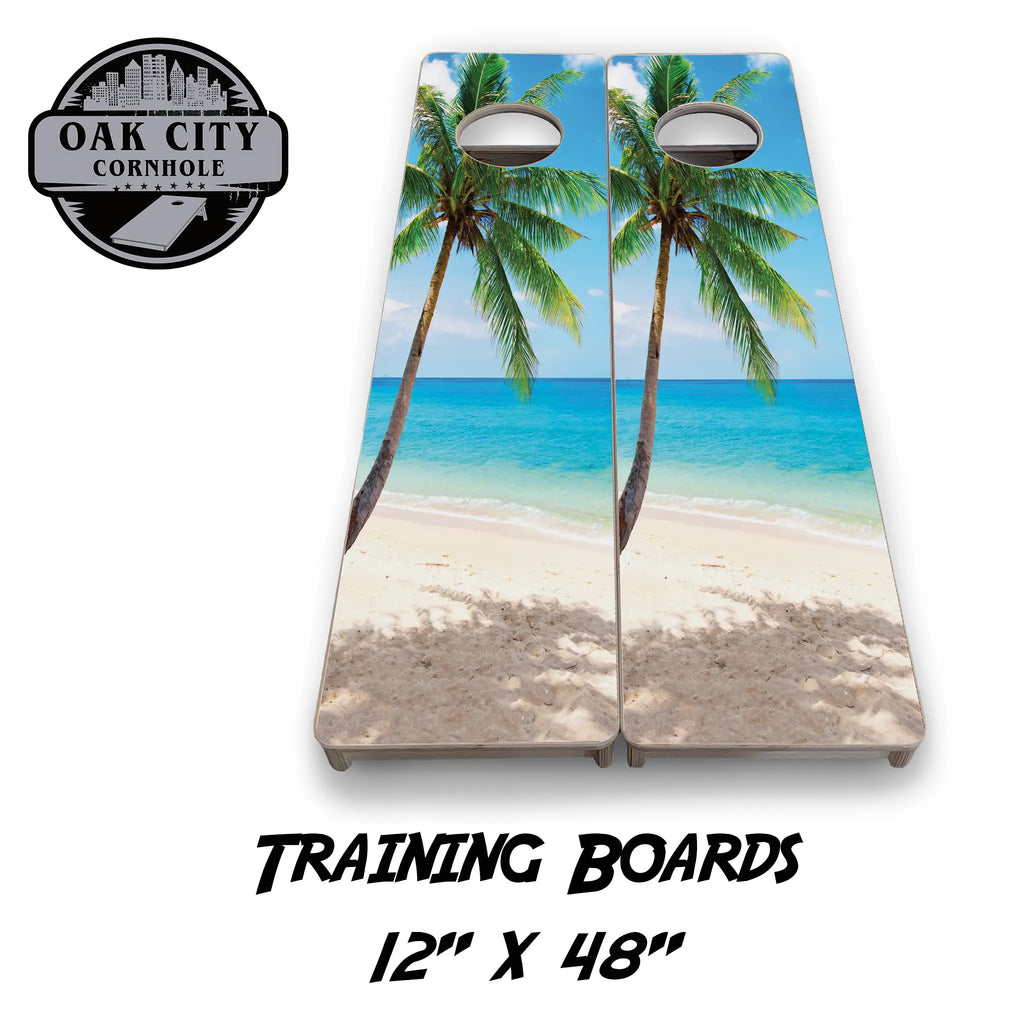 Premium handcrafted Tropical Beach Cornhole Boards from Oak City Cornhole, featuring a vibrant beach design. Ideal for backyard gatherings, tailgates, and competitive play.