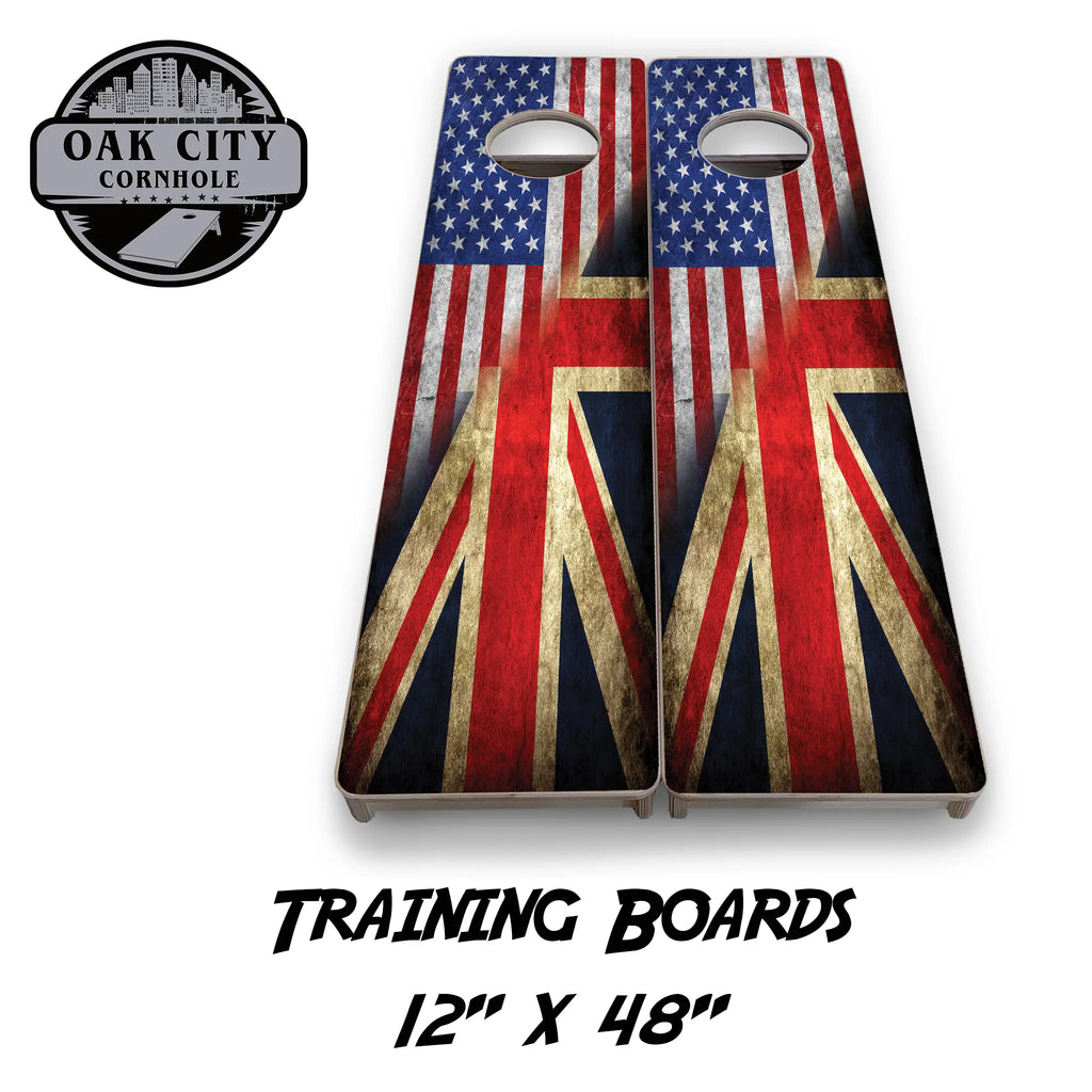 American & British Union Jack Flag Cornhole Boards featuring a design split between the American flag and the Union Jack flag, showcasing a unique blend of patriotic symbols from the USA and the UK on a 24x48 cornhole board set.