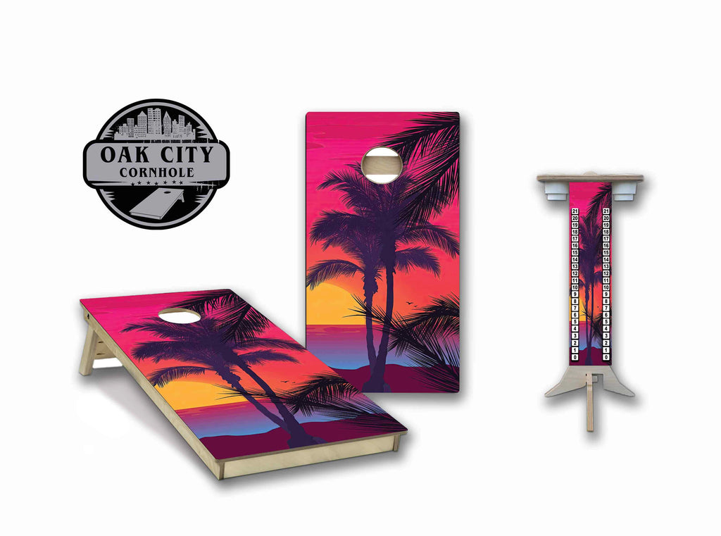 Island Breeze Cornhole Set: A picturesque view of cornhole boards adorned with a tranquil island paradise design. Vibrant palm trees sway against a backdrop of a serene tropical sunset, creating a relaxing and inviting atmosphere. Ideal for those seeking a touch of island vibes in their outdoor gaming experience.