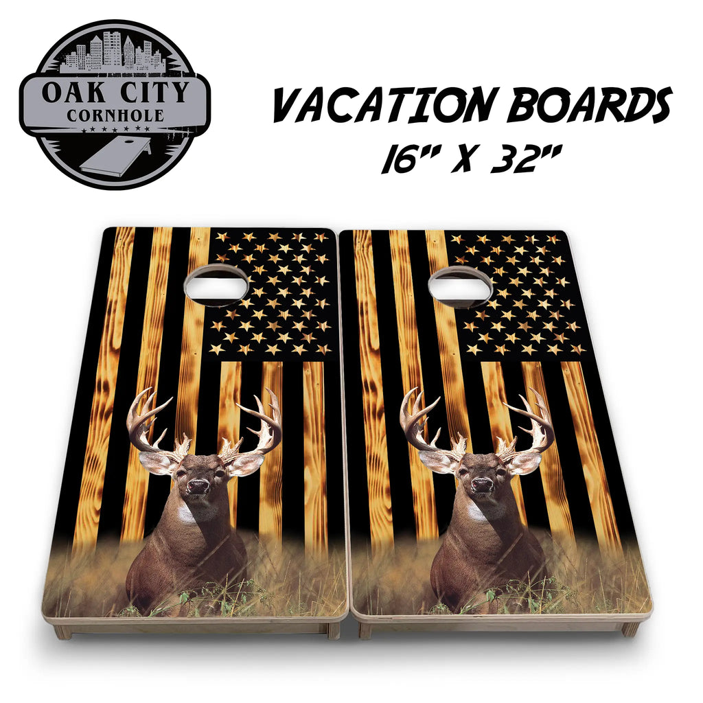 Premium handcrafted American Wilderness Deer Cornhole Boards from Oak City Cornhole, featuring a unique deer design in a wilderness setting. Ideal for backyard gatherings, tailgates, and competitive play.