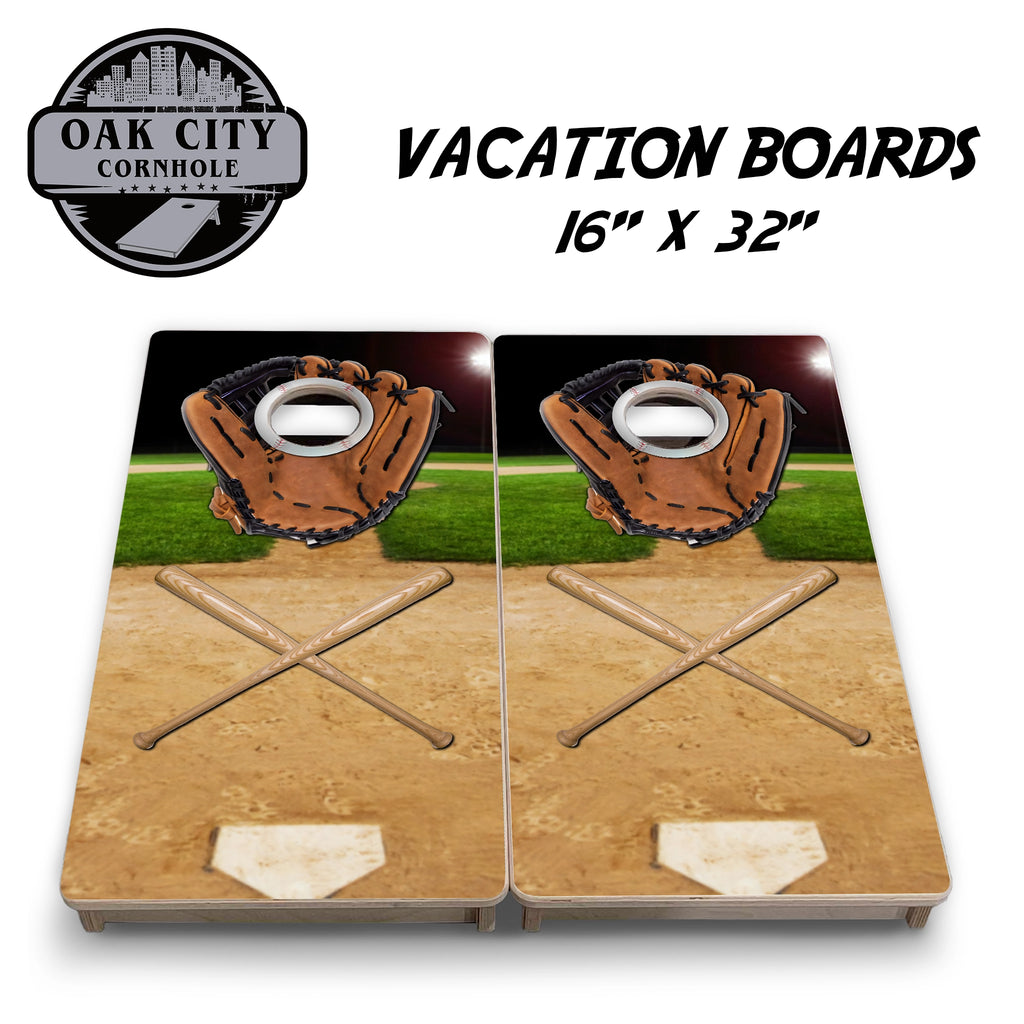 Grand Slam Baseball Cornhole Boards by Oak City Cornhole, featuring a detailed image of a baseball field, glove, and bat on handcrafted 2x4 regulation boards made from high-quality 18mm Baltic birch plywood, offering a smooth playing surface and customizable options for competitive gameplay.