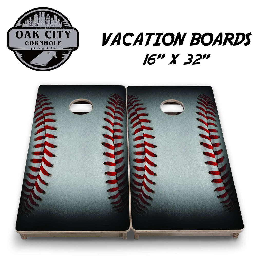 Perfect Pitch Baseball Cornhole Boards by Oak City Cornhole featuring a closeup view of a detailed baseball with high-quality craftsmanship and durable 18mm Baltic birch plywood, ideal for competitive and recreational play.