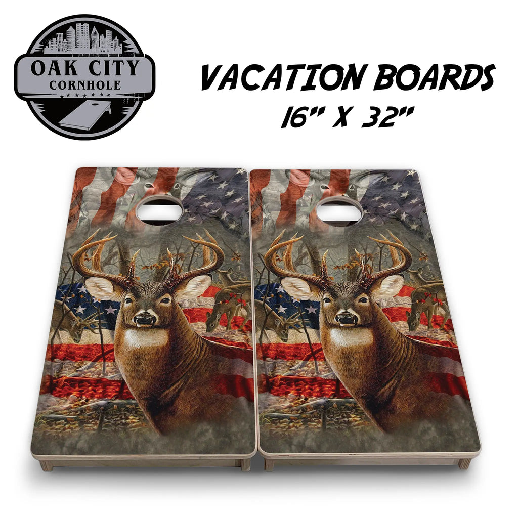 American Hunter: Deer and Flag Cornhole Boards – Tournament Design - Premium Handcrafted 24x48 Set - Oak City Cornhole featuring a detailed image of a deer with an American flag background, embodying a hunting theme on a 24x48 cornhole board set.