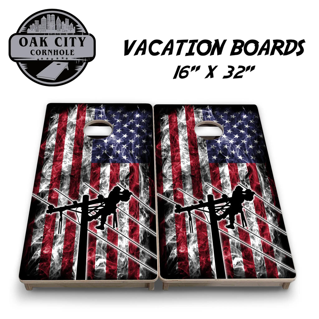 Electrifying America Lineman Cornhole Boards from Oak City Cornhole