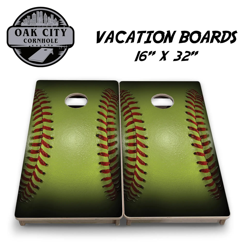 Premium handcrafted 24x48 cornhole boards featuring a vibrant Game Day Softball design, perfect for tournaments and backyard gatherings. Meticulously crafted by Oak City Cornhole.