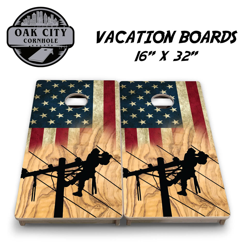 A striking image of premium, handcrafted cornhole boards featuring a detailed, high-resolution design depicting linemen working on power lines, set against a bold, patriotic backdrop. Perfect for tournament play and gatherings.