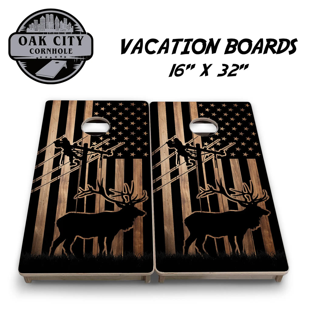 Strength and Wilderness: Lineman and Elk Cornhole Boards – Tournament Design - Premium Handcrafted 24x48 Set from Oak City Cornhole. The boards feature a silhouette of a lineman working on power lines and an elk standing against a wood-burned American flag background, highlighting premium craftsmanship and a stunning, unique design ideal for backyard gatherings, tailgates, and cornhole enthusiasts.