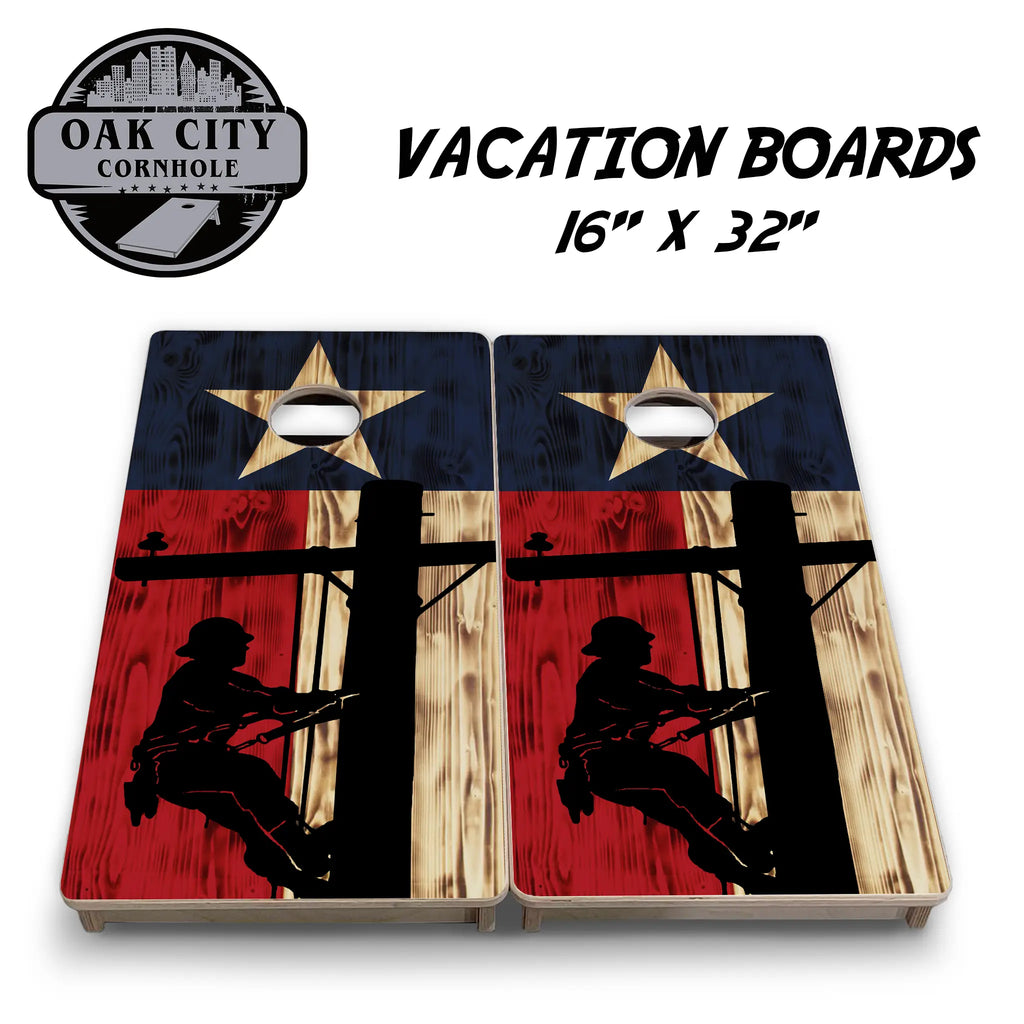 Lone Star Legends Texas Lineman Cornhole Boards from Oak City Cornhole, showcasing detailed Texas lineman artwork on a high-quality cornhole board.