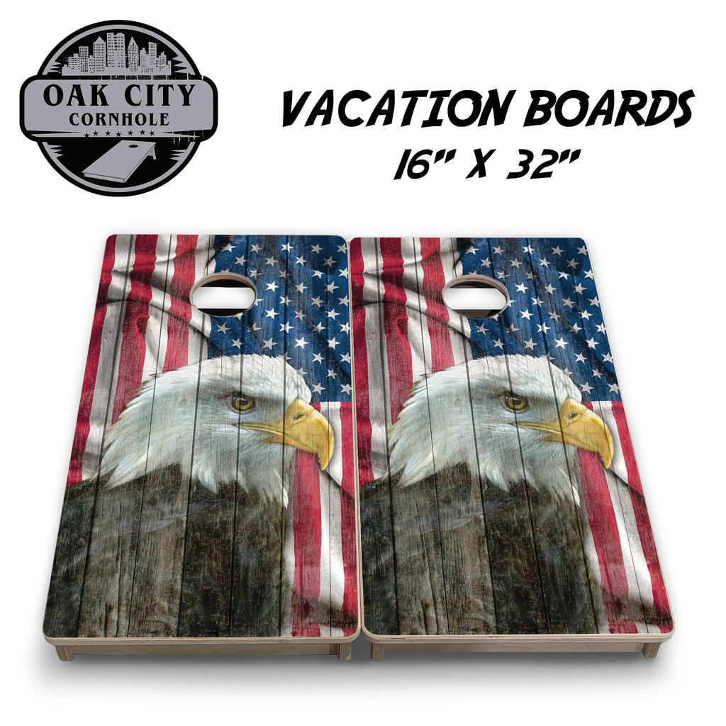 Majestic Eagle American Flag Cornhole Boards by Oak City Cornhole, featuring a high-resolution image of an eagle and American flag on durable Baltic birch plywood with a UV clear coating. Perfect for competitive gameplay.