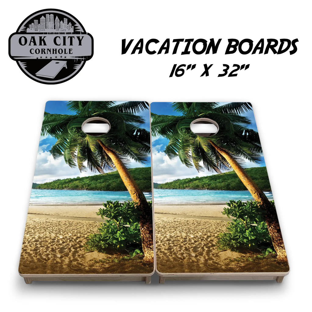 Premium handcrafted Palm Tree Paradise Cornhole Boards from Oak City Cornhole, featuring a tropical palm tree design. Ideal for backyard gatherings, tailgates, and competitive play.